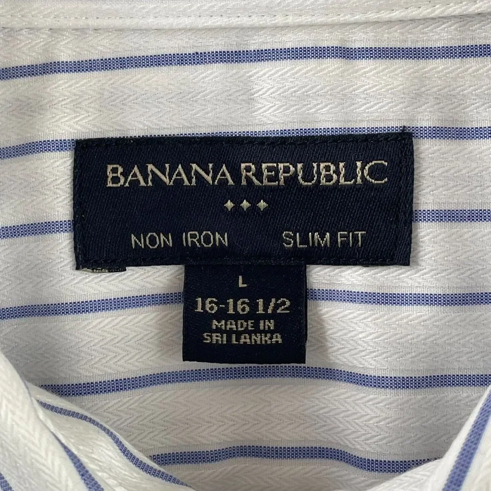 Banana Republic Shirt‎ Men Large White Striped Non Iron Slim Fit Long Sleeve